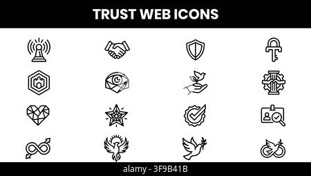 Trust Web Line Icons Set Featuring Handshake Security Shield Badges Integrity And Business Reliability Stock Vector