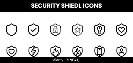 Security Shield Line Icons Set Featuring Data Protection Cyber Safety Padlocks And Badges Stock Vector