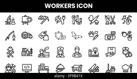 Workers Profession Line Icons Set Featuring Diverse Careers Labor Occupations And Industrial Tools Stock Vector