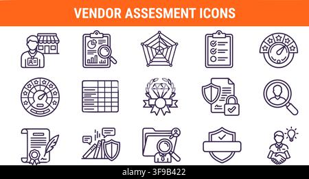 Vendor Assessment Line Icons Set Featuring Procurement Evaluation Analytics Management And Quality Ratings Stock Vector