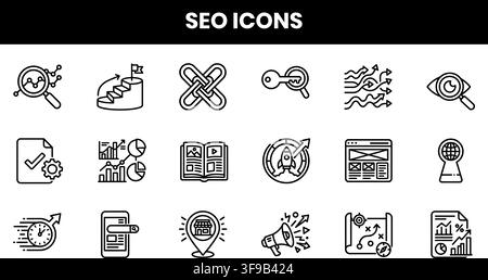 SEO and Digital Marketing Line Icons Set Featuring Analytics Backlinks Keywords and Strategy Stock Vector