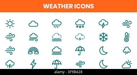 Weather Forecast Line Icons Set Featuring Clouds Sun Rain Snow and Temperature Symbols Stock Vector