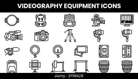 Videography Equipment Line Icons Set Featuring Cameras Tripods Lighting and Film Production Gear Stock Vector