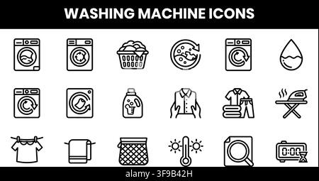 Washing Machine and Laundry Line Icons Set Featuring Appliances Detergent and Clothing Care Stock Vector