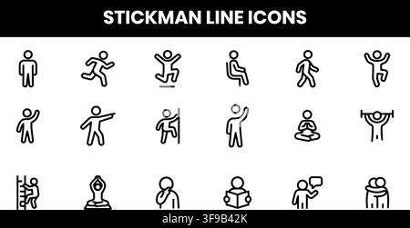 Stickman Line Icons Set Featuring Various Human Poses Actions and Daily Activities Stock Vector
