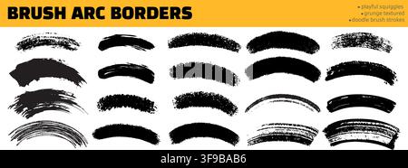 Playful brush arc borders with grunge texture. Doodle style strokes. Bold black curved lines Stock Vector