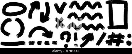 Brush shapes with zigzag lines, arrows and abstract marks in rough grunge texture. Bold hand drawn design elements. Stock Vector