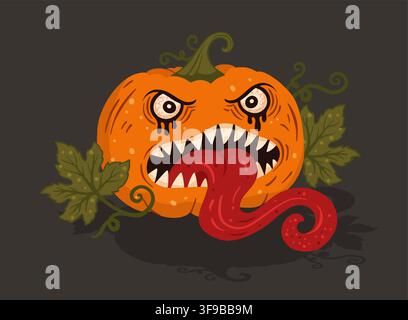 Scary Halloween Pumpkin Monster Character With Sharp Teeth, Red Tongue, Angry Eyes Creepy Halloween Background Stock Vector