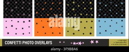 Star confetti photo overlays scattered on transparent bg with rough ripped paper effect. Whimsical scrapbook borders for stories and social media Stock Vector
