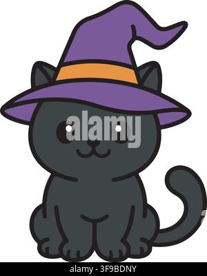 Cute Black Cat Wearing Purple Witch Hat Halloween Vector Illustration Stock Vector