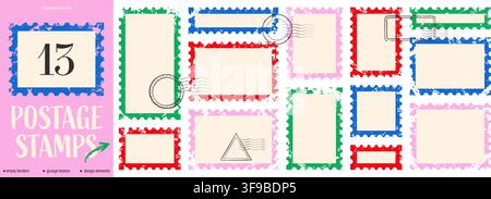 Grunge postage stamp frames. Scalloped borders. Distressed empty templates with hand drawn postmark stamps Stock Vector