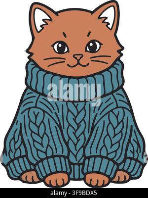 Cute Ginger Cat Wearing Cozy Knitted Blue Sweater Winter Vector Illustration Stock Vector