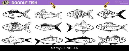 Hand drawn fish set. Whimsical ocean elements with sardine, salmon, tuna. Doodle sea creatures in playful kid style. Stock Vector