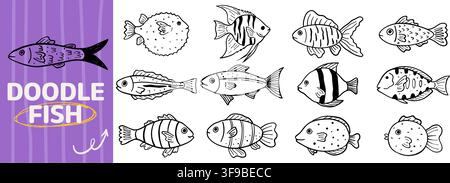 Doodle fish set. Hand drawn sea creatures in playful kid style. Whimsical ocean elements. Stock Vector