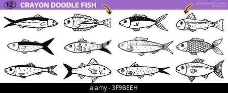Hand drawn crayon fish set. Whimsical ocean elements with pencil texture. Doodle sea creatures in playful kid style. Stock Vector