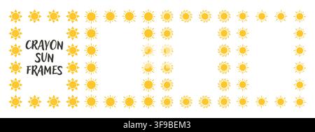 Hand drawn sun doodle frame set. Playful kindergarten borders with crayon texture for children photos, baby cards. Stock Vector