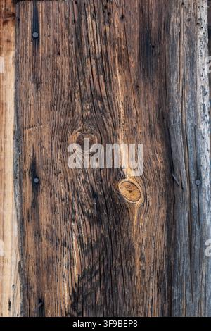 Close-up detail of an old wooden board with distinctive natural grain, cut knots, visible growth rings and rusty nails. The combination of dark and li Stock Photo