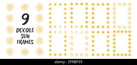 Hand drawn sun rectangular frames. Playful kindergarten borders with chalk texture for kids designs. Stock Vector