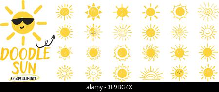 Kids sun icons set. Hand drawn kindergarten doodles in playful style. Stock Vector