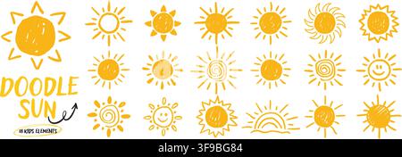 Crayon sun icon set for kids design. Hand drawn yellow doodles with pencil texture. Stock Vector