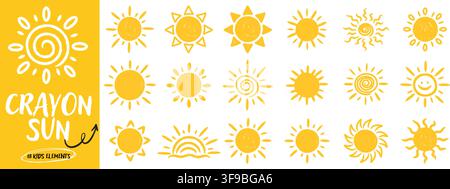 Set of crayon sun icons for kids design. Hand drawn yellow doodles with pencil texture for children design. Stock Vector