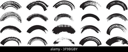 Brush arc rainbow shapes with grunge texture. Rough curved abstract brushstrokes. Stock Vector