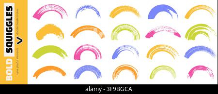 Bold brush arc squiggles. Naive doodle strokes with grunge texture in playful style. Stock Vector