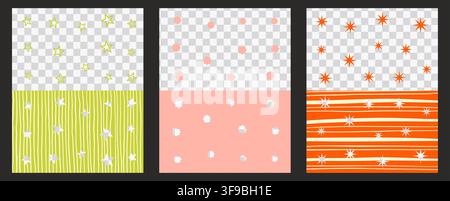 Confetti photo frames with stars, flowers and sparkles scattered on transparent bg. Striped and vertical line backdrops for social media use. Stock Vector