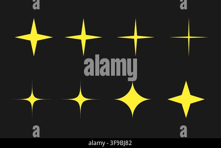 Vector set of yellow four point sparkle star icons on dark background. Minimalist sparkling stars, magic glow elements, shiny light bursts, and Y2K ae Stock Vector