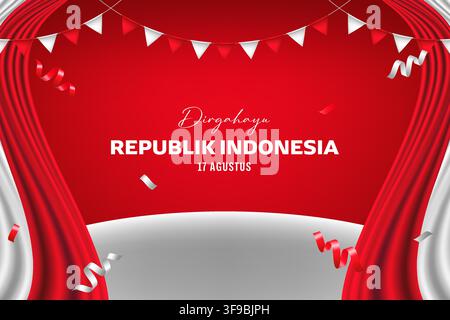 Indonesia Independence Day Celebration Banner Backdrop Background with Red and White Curtains Stock Vector