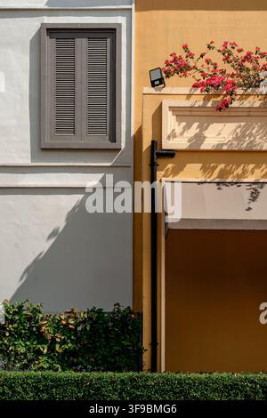 An architectural exterior view showcasing contrasting white and yellow building walls, a grey shuttered window, a dark drainpipe, a canvas and awning. Stock Photo
