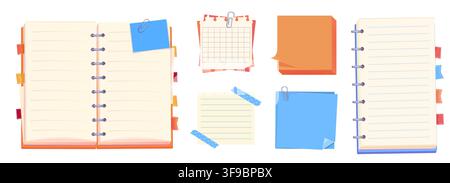 Memo notes set notebook paper for note with clip, tape. Spiral bindings, and authentic notebook aesthetics. Planner notebook page. Idea list. Post note sticker. Quote frame, reminder. Vector illustration Stock Vector