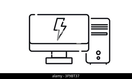 Desktop computer tower and monitor with lightning bolt symbol on screen vector icon. Stock Vector