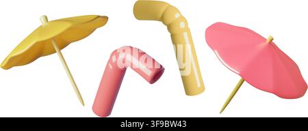 Drinking straw and cocktail paper umbrellas 3d realistic vector elements set Stock Vector