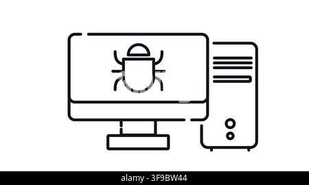 Desktop computer tower and monitor with bug virus symbol on screen vector icon. Stock Vector