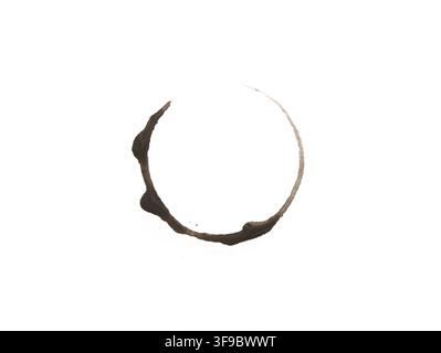 Messy Circle From Black Coffee. A realistic coffee ring on white paper, perfect for design textures and backgrounds. Stock Photo
