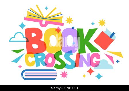 Bookcrossing festival banner poster. Vector geometric typography illustration of open books with clouds and colorful shapes. Isolated concept backgrou Stock Vector