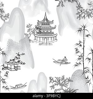 Traditional asian seamless pattern. Chinese landscape background with buildings and pine tree elements. Japanese background with Asian traditional ico Stock Vector