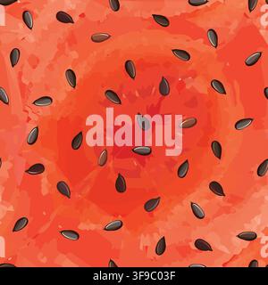 Vector watermelon inside view seamless pattern. Watermelon texture with seeds. Creative red juicy summer tropical repeatable pattern design. Stock Vector