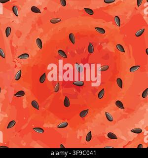 Vector watermelon inside view seamless pattern. Watermelon texture with seeds. Creative red juicy summer tropical repeatable pattern design. Stock Vector