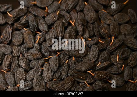 Commercial close-up overhead photograph of an abundant pile of sweet, dried dark blue raisins featuring tiny stems, spread evenly to create a rich, wrinkled texture background. Stock Photo