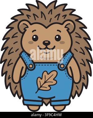 Cute Baby Hedgehog Wearing Blue Denim Overalls with Oak Leaf Autumn Woodland Animal Vector Illustration Graphic Clip Art Stock Vector