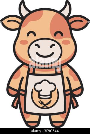 Cute Baby Cow Chef Wearing Apron Cooking Restaurant Mascot Farm Animal Vector Illustration Graphic Clip Art Stock Vector
