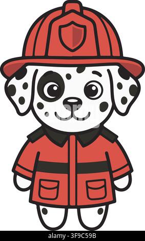 Cute Baby Dalmatian Firefighter Dog Wearing Red Helmet Uniform Rescue Mascot Vector Illustration Graphic Clip Art Stock Vector