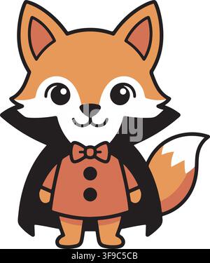 Cute Baby Fox Wearing Vampire Dracula Costume Black Cape Halloween Vector Illustration Graphic Clip Art Stock Vector