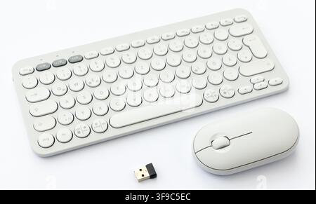 A sleek gray wireless keyboard, mouse, and USB receiver are on white Stock Photo