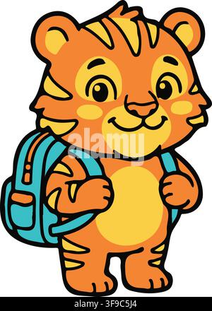 Cute Baby Tiger Cub Wearing Blue Backpack Back to School Education Student Animal Vector Illustration Graphic Clip Art Stock Vector