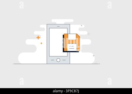 Mobile phone with floppy disk icon for saving files and data storage Stock Vector