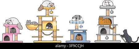Simple and adorable illustrations of Cats on Cat Towers Stock Vector