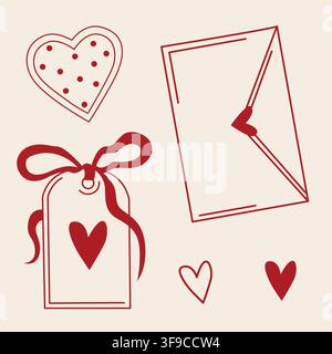 Hand-drawn romantic gift tag, hearts and love letter for Christmas, Valentines day, doodle line art for seasonal decor, packaging Stock Vector
